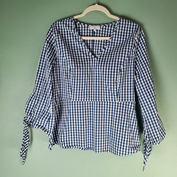 J. Crew Universal Standard Womens Gingham Tie Sleeve Peplum Top Size Medium - Picture 1 of 5